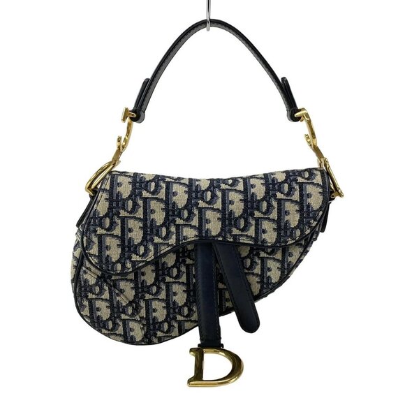 Auth DIOR/ChristianDior Saddlebags,Trotter - Navy Cream Jacquard Leather Handbag - Picture 1 of 16